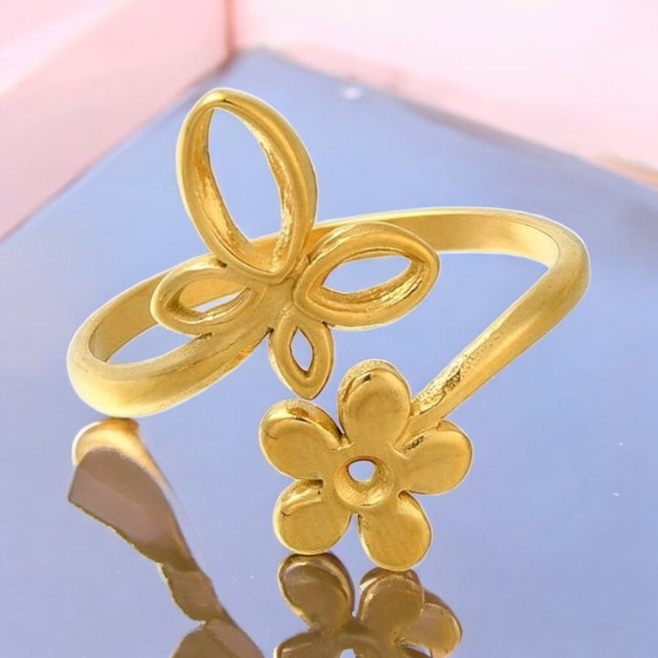🌸 Bague Femme – Acier Inoxydable Doré Fleur & Papillon 🦋