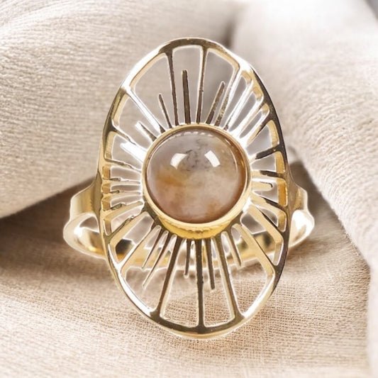 🌞 Bagues Femme – Soleil & Pierre Naturelle Agate Verte 🌿