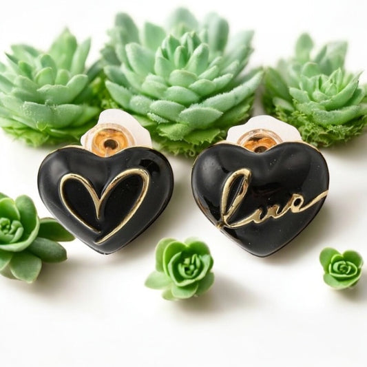 ❤️ Boucles d’Oreilles Cœur Love – Noir & Doré ❤️