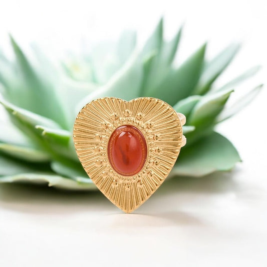 ❤️ Bague Femme – Acier Inoxydable & Cornaline Naturelle en Cœur ❤️