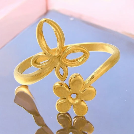🌸 Bague Femme – Acier Inoxydable Doré Fleur & Papillon 🦋