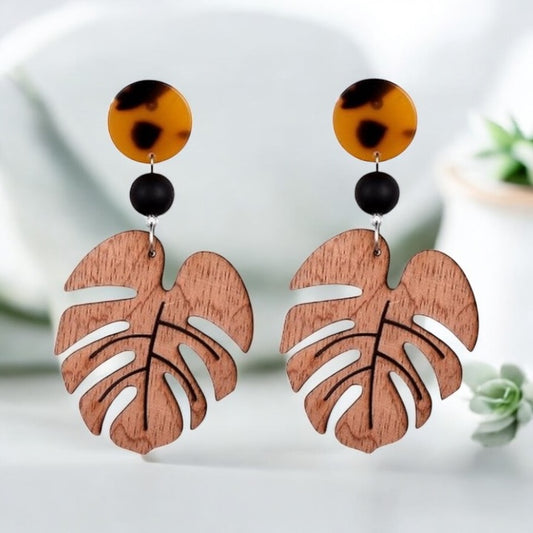 🌿 Boucles d’oreilles fantaisie tombantes – Bois & Résine