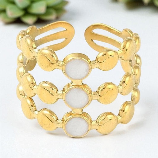 🌙 Bague Femme – Acier inoxydable 3 rangs & Pierre naturelle de lune