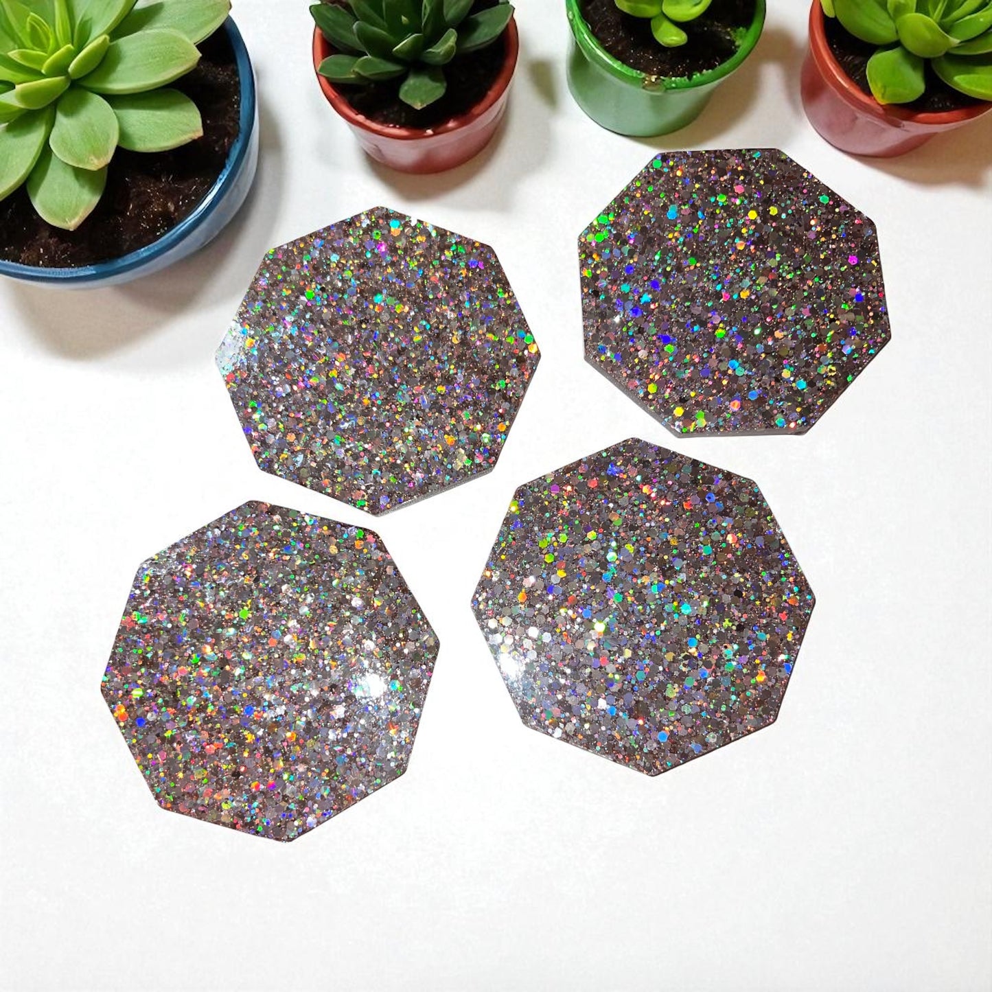 ✨ Lot de 4 sous-verres en résine – Paillettes & fun pour apéros girly 🌸🍹