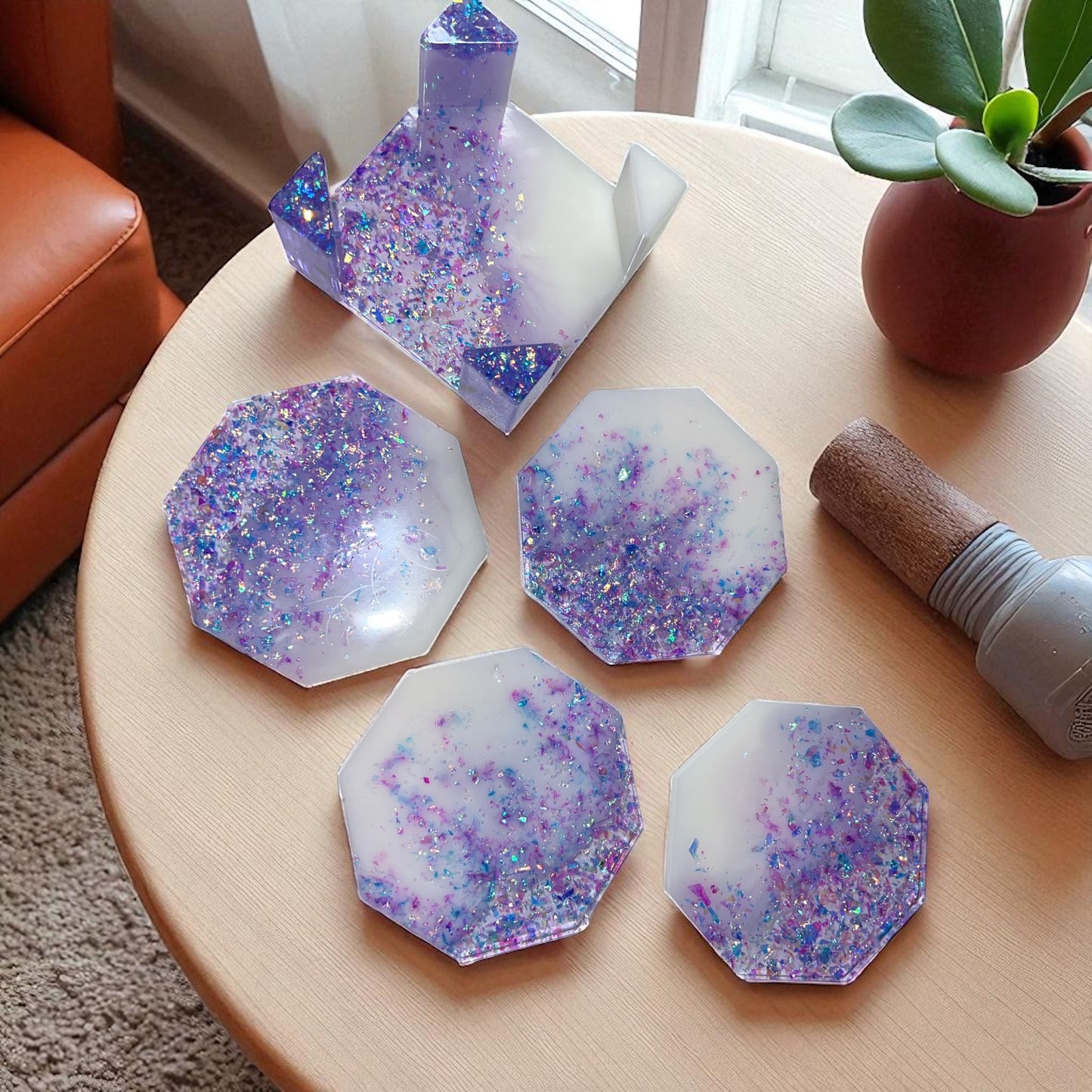 ✨ Lot de 4 sous-verres en résine – Paillettes & fun pour apéros girly 🌸🍹 Avec son support