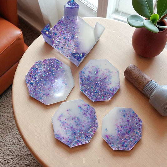 ✨ Lot de 4 sous-verres en résine – Paillettes & fun pour apéros girly 🌸🍹 Avec son support